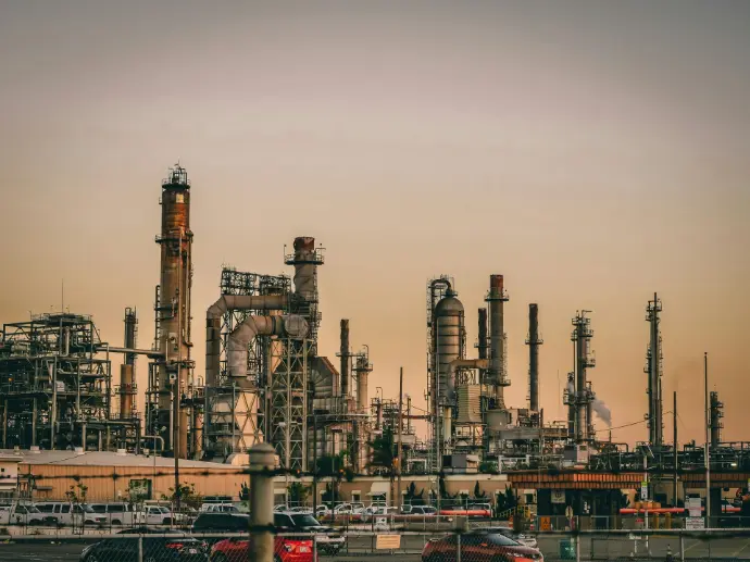 Industrial refinery landscape at dusk.